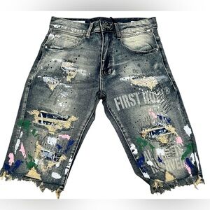 First Row Distressed Ripped Denim Jean Shorts Men’s Paint Splatter Jorts size 30